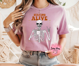 Staying Alive Skeleton Coffee Shirt | Funny Sarcastic Adult Unisex Tee | Caffeinated Skeleton Graphic T-Shirt | Retro Coffee Lover Gift